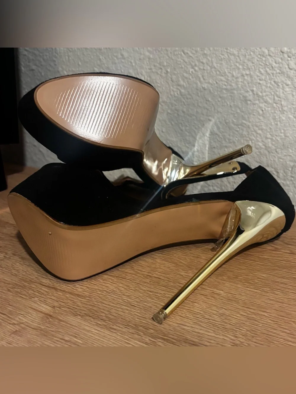 NWOT - Black Suede Stiletto Sandals with Gold Accent Ankle Cuff